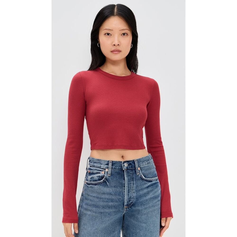New Cotton Citizen Verona Ribbed Long Sleeve Crop Shirt in Red Women's Size L